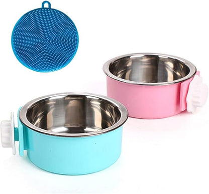 Love Dream Crate Dog Cat Bowls, Removable Stainless Steel Hanging Pet Cage Bowls Kennel, Food Water Feeder with Bolt for Puppy Rabbits Birds 2 Pack with Silicone Sponge Dish Brush
