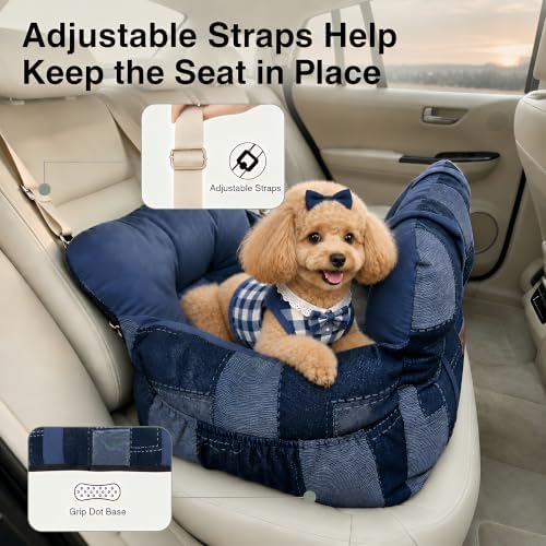 Denim Dog Car Seat for Small Dogs Up to 16 lbs, Thick Cushioned Puppy Booster Seat with Raised Sides, Plush Interior, Tether Clip, Nonslip Bottom, Adjustable Straps for Front & Rear Car Seats - Image 4