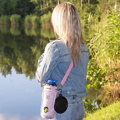 Made Easy Kit Water Bottle Carrier with Pocket for Dog Poop Waste Bags and Adjustable Padded Shoulder Strap (Tall & Large (40oz) with Bowl, Pink, Marble) - Image 4
