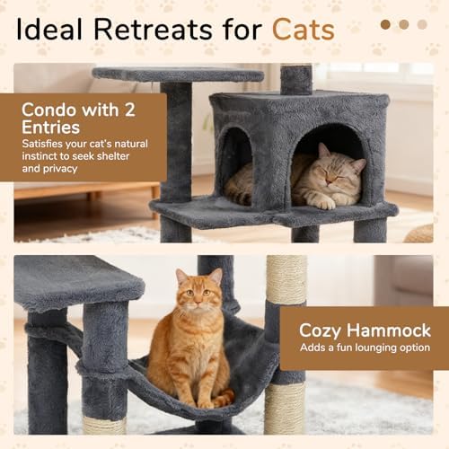 DORTALA Cat Tree for Indoor Cats, 44" Modern Cat Tower with Top Perch, Condo, Hammock, Sisal Scratching Posts, Dangling Balls, Platforms, Multi-Level Pet Climbing Furniture Playground (Grey) - Image 4
