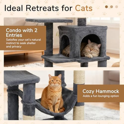 DORTALA Cat Tree for Indoor Cats, 44" Modern Cat Tower with Top Perch, Condo, Hammock, Sisal Scratching Posts, Dangling Balls, Platforms, Multi-Level Pet Climbing Furniture Playground (Grey) - Image 4