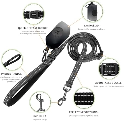 Kazazoo Hands-Free Dog Leash with Poop Bag Holder, Adjustable 4-7 Ft Puppy Leash Waist for Dog Walking, Running for Small Dogs with Reflective Strips, Nylon Waist Belt, Black - Image 3