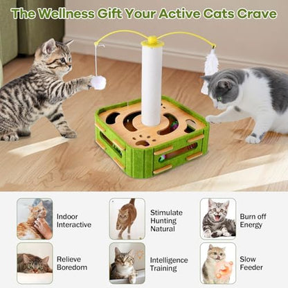 5-in-1 Cat Puzzle Box Toy for Indoor Cats Boredom Relief Interactive Wooden Cat Enrichment Maze with Balls, Feather Wands & Spiral Springs, Slow Feeder Treat Dispenser for Kittens & Adult Cats - Image 5