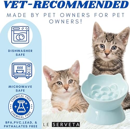Macarons Series Ceramic Slow Feeder Cat Bowl, Raised Puzzle Feeder, Anti Vomiting Cat Slow Feeding, Elevated Food Bowl, Whisker Friendly Pet Bowl with Cute Ear Design (Blue) - Image 5