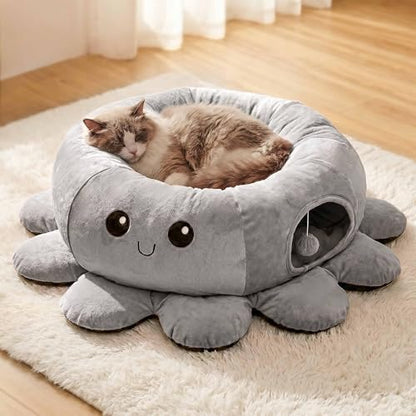 Cat Tunnel Bed for Indoor Cats, Peekaboo Cat Cave Bed, Grey - Image 5