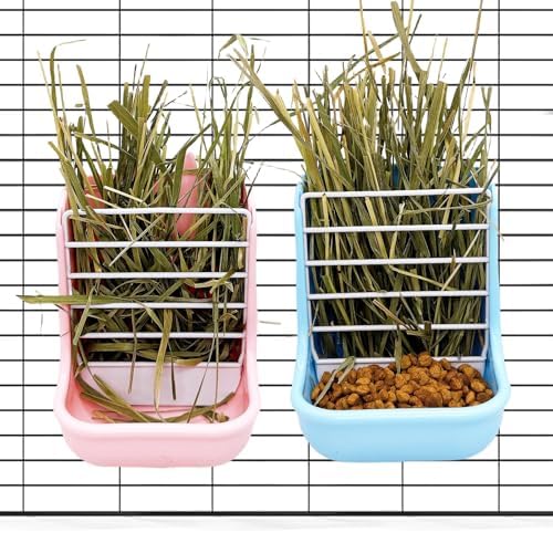 Hamiledyi 2PCS Rabbit Hay Feeders Rack 2 in 1 Feeder Bowls Double Bunny Feed Holder Grass Food Supplies for Chinchillas Guinea Pig Hamsters (Pink+Blue) by Hamiledyi