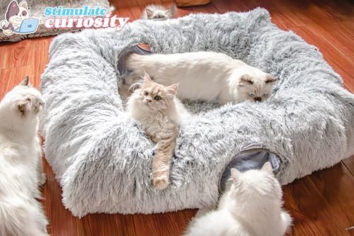 XxingSheep 4-Cave Plush XL Cat Tunnel Bed Indoor Cats Peekaboo Toy Mat Grey - Image 3