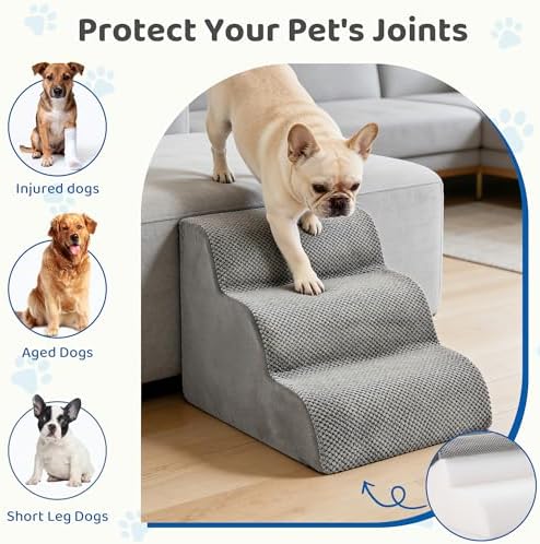 DUMOS Dog Stairs for Small Dogs and Cats, 3-Step Curved Pet Dog Steps, Grey - Image 2