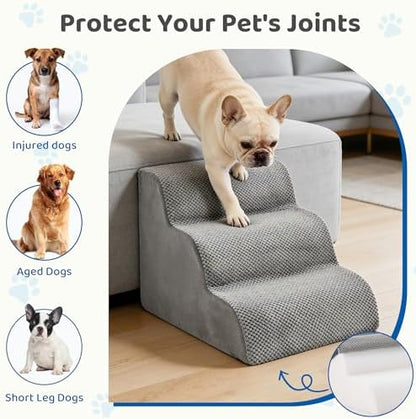 DUMOS Dog Stairs for Small Dogs and Cats, 3-Step Curved Pet Dog Steps, Grey - Image 2