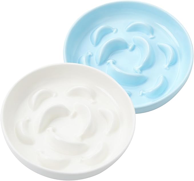 Cat Slow Feeder Bowl Set - 2 Pcs Ceramic Cat Food Plates for Slow Eating - Double Cat Dish for Dry Wet Food - Slow Feeding Cat Bowls Whisker Friendly - Microwave and Dishwasher Safe - White and Blue
