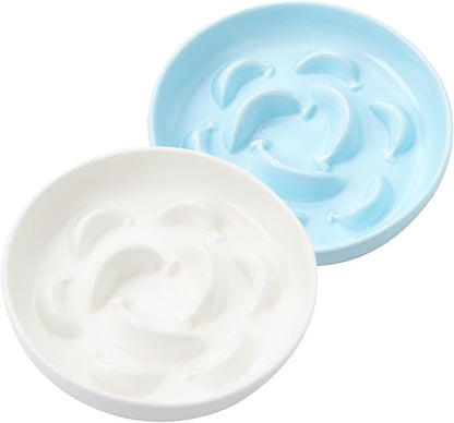 Cat Slow Feeder Bowl Set - 2 Pcs Ceramic Cat Food Plates for Slow Eating - Double Cat Dish for Dry Wet Food - Slow Feeding Cat Bowls Whisker Friendly - Microwave and Dishwasher Safe - White and Blue