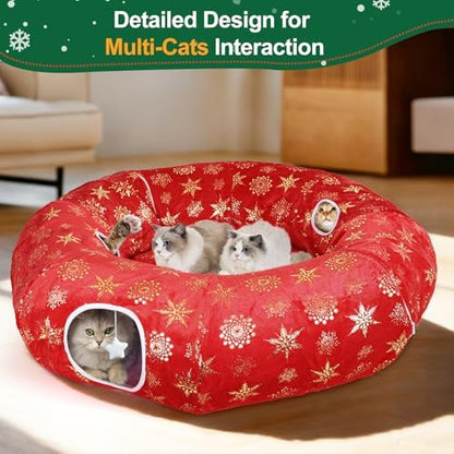 Cat Tunnel Bed for Indoor Cats, XL Christmas Tree Skirts Washable Warm Soft Indoor Cat Donut Tunnel, Multifunctional Cat Interactive Playground Toys for Felines Pet Christmas Tree Decoration - Image 2