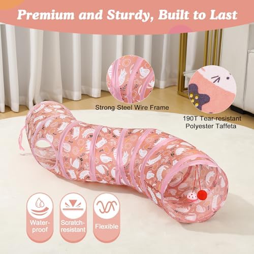Pawaboo Cat Tunnel Tube S-Shaped, 25x97cm, Pink Kitties - Image 3