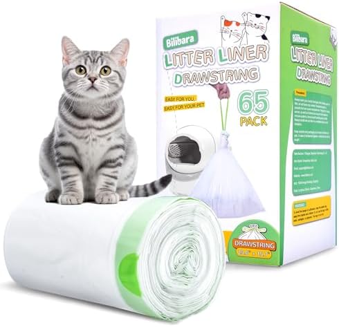 65 Count Drawstring Cat Litter Bags for Most Auto Self-Cleaning Litter Box, Extra Thick Pet Litter Drawer Liners Replacement, Durable Cat Waste Bags, Unscented, 25.6'' W x 15.7'' H by Bilibara