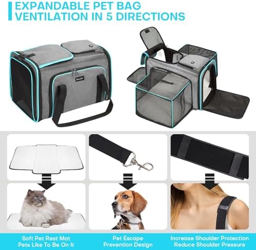Pet Carrier, Large Soft Sided Expandable Travel Carrier with Steel Frame, Anti-Scratch Mesh, Removable Fleece Pad and Pockets for Cats, Dogs and Small Animals up to 15 lbs (Gray, 4 Sides Expandable) - Image 7