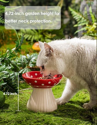 Mushroom Cat Bowl, Raised Ceramic Cat Food Dish for Whisker Fatigue, Forest Style Pet Water Bowl, Elevated Tilted Neck Protection Feeder for Indoor Cats & Small Dogs (Red & Yellow) - Image 5