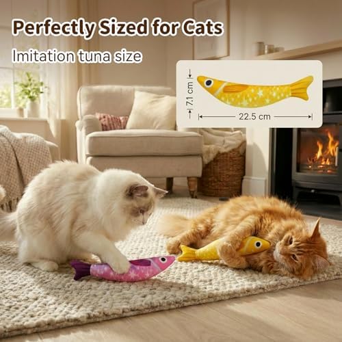 Cat Toys for Indoor Cats, Fish-Shaped Pillow, 2 Pack Yellow + Purple - Image 4