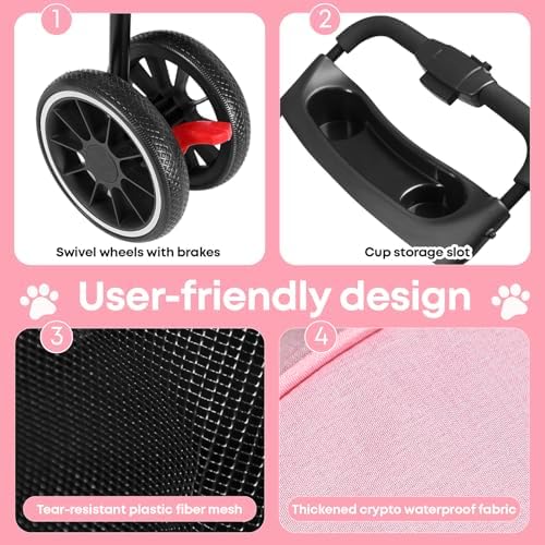 Pet Stroller,Dog Stroller for Small Medium Dogs Cats,3 Wheels,Pink - Image 5