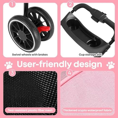Pet Stroller,Dog Stroller for Small Medium Dogs Cats,3 Wheels,Pink - Image 5