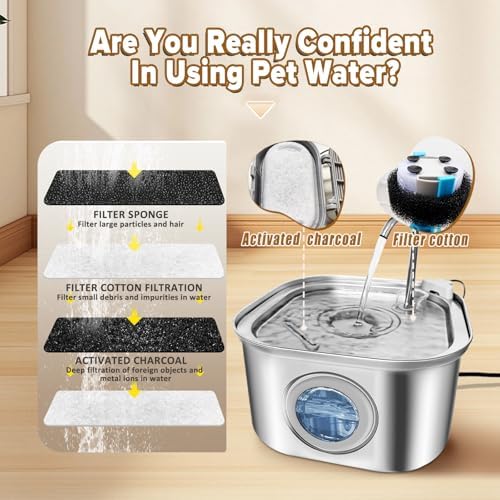 Cat Water Fountain.Stainless Steel Pet Water Dispenser Bowl: 108oz/3.2L.Quiet Pet Water Bowl Dispenser.with Ultra Quiet Pump and Faucet Water Level Window（with 4 Filters and Sponge） - Image 4