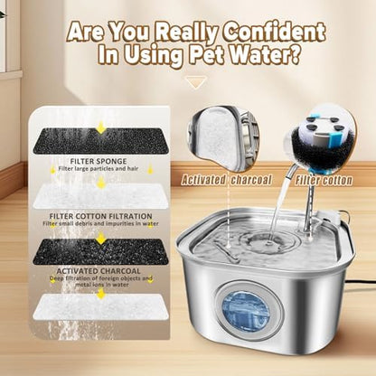 Cat Water Fountain.Stainless Steel Pet Water Dispenser Bowl: 108oz/3.2L.Quiet Pet Water Bowl Dispenser.with Ultra Quiet Pump and Faucet Water Level Window（with 4 Filters and Sponge） - Image 4