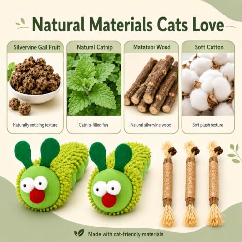 5-Piece Catnip Cat Toy Set with Plush Caterpillars & Silvervine Sticks - Image 7