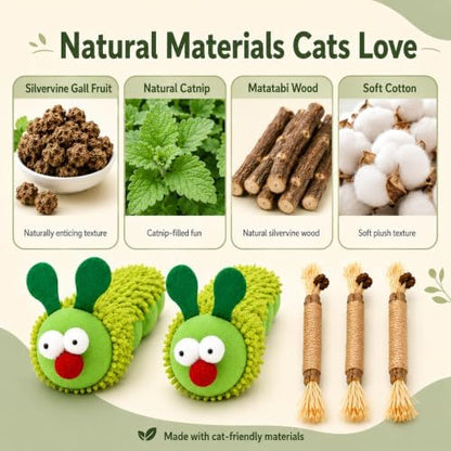 5-Piece Catnip Cat Toy Set with Plush Caterpillars & Silvervine Sticks - Image 7