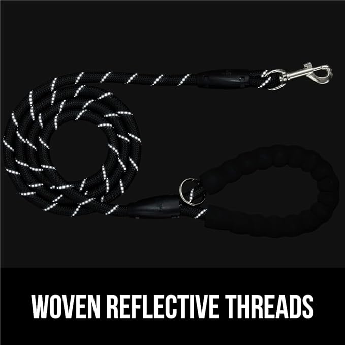 GORILLA GRIP Dog Leash, Heavy Duty Reflective Rope Leashes for Large, Medium, Small Breed Dogs, Puppy Training Essential for Walks, Hikes, Soft Handle, Rotating Metal Clip, Waste Bag Dispenser, Black