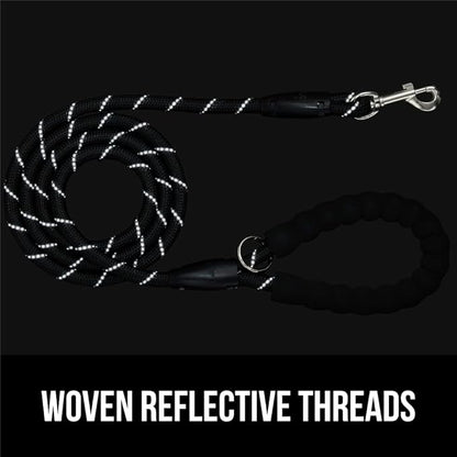 GORILLA GRIP Dog Leash, Heavy Duty Reflective Rope Leashes for Large, Medium, Small Breed Dogs, Puppy Training Essential for Walks, Hikes, Soft Handle, Rotating Metal Clip, Waste Bag Dispenser, Black