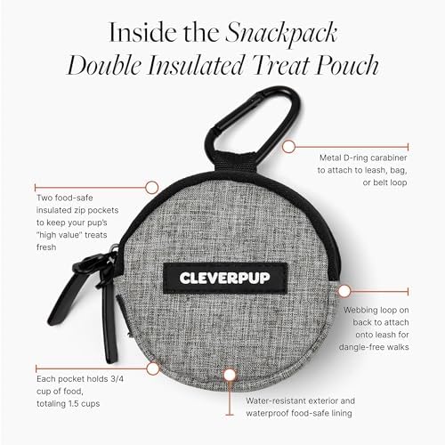 Cleverpup Snackpack Double Insulated Dog Treat Pouch – 1.5 Cup Capacity, 2 BPA-Free Waterproof Zipper Pockets, Carabiner for Belt/Leash – Compact Training & Travel Bag – Heather Grey - Image 6