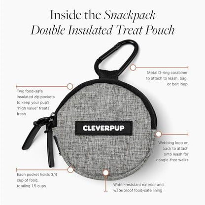 Cleverpup Snackpack Double Insulated Dog Treat Pouch – 1.5 Cup Capacity, 2 BPA-Free Waterproof Zipper Pockets, Carabiner for Belt/Leash – Compact Training & Travel Bag – Heather Grey - Image 6