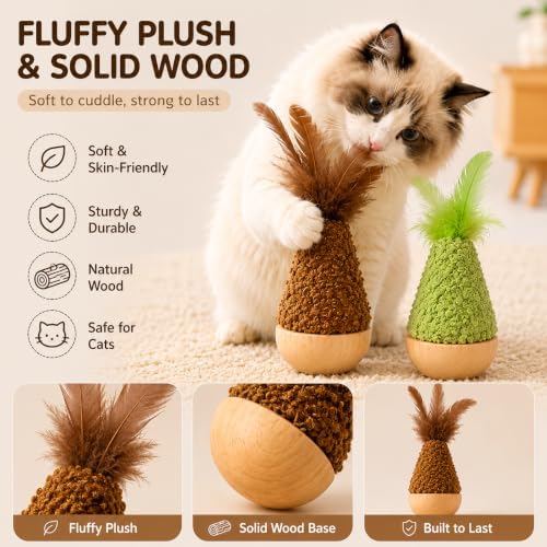 2-Pack Interactive Self-Righting Wobble Cat Toy with Feather, Fluffy Plush Wooden Tumbler for Bored Adult Indoor Cats Silent Self Play Cat Enrichment Toy, Green & Brown - Image 3