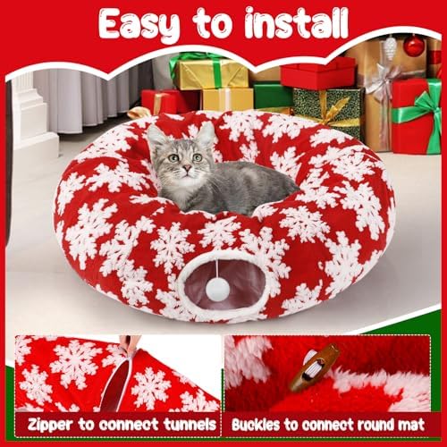 Cat Tunnel Christmas Tree Skirt for 5-7.5ft Trees - Prevent Christmas Tree Falling, Snowflake Patterns Warm Soft Cat Tube Bed with Anti-Slip Mat - Image 6