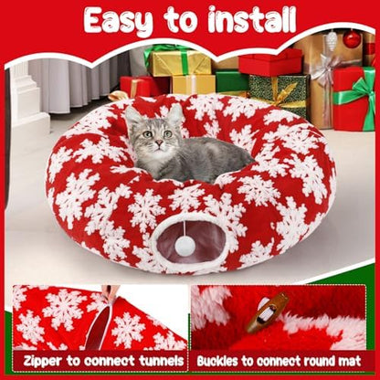 Cat Tunnel Christmas Tree Skirt for 5-7.5ft Trees - Prevent Christmas Tree Falling, Snowflake Patterns Warm Soft Cat Tube Bed with Anti-Slip Mat - Image 6