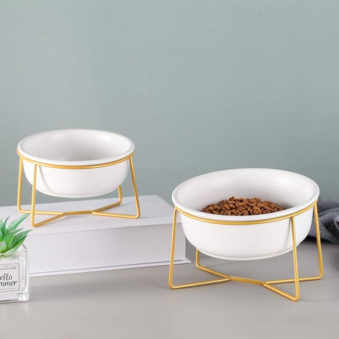White Small Ceramic Tilted Elevated Cat Dog Bowl Raised Cat Food Water Bowl Dish Pet Comfort Feeding Bowls with Gold Iron Stand