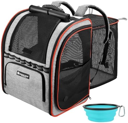 Expandable Cat Carrier Backpacks with Breathable Mesh, Pet Carrier Backpack for Cats Small Dogs Puppies Up to 20 Lbs, Dog Carrier Backpack Great for Travel/Hiking/Camping/Outdoor-Grey with Orange by Missionstar
