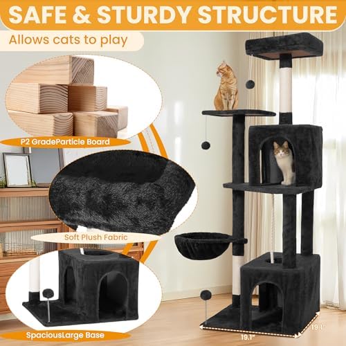 54-Inch Cat Tree Tower with 2 Caves & 2 Pompoms - Multi-Level Tower for Indoor Cats, Soft Plush Condo with Scratching Posts - Sturdy Base for Large Cats(Black) - Image 3