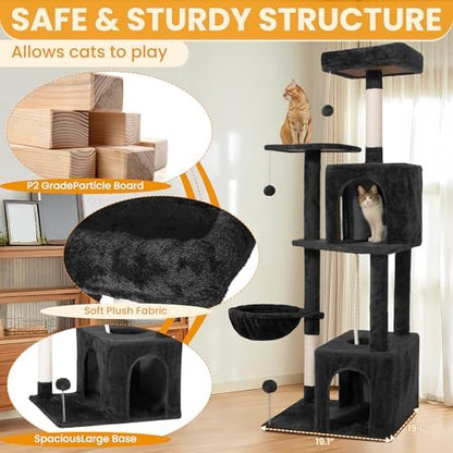 54-Inch Cat Tree Tower with 2 Caves & 2 Pompoms - Multi-Level Tower for Indoor Cats, Soft Plush Condo with Scratching Posts - Sturdy Base for Large Cats(Black) - Image 3