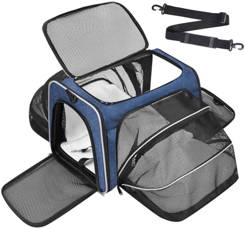 Pet Carrier, Large Soft Sided Expandable Travel Carrier with Steel Frame, Anti-Scratch Mesh, Removable Fleece Pad and Pockets for Cats, Dogs and Small Animals up to 15 lbs (Blue, 5 Sides Expandable) by Handor