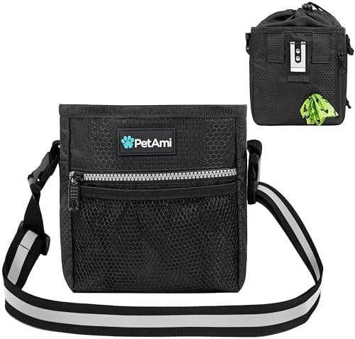 PetAmi Dog Treat Pouch, Pet Treat Pouch for Training, Dog Walking Bag Holder for Kibbles, Pet Food Toy, Dog Trainer Essentials Supplies, Poop Bag Dispenser, 3 Ways to Wear (Black) by PetAmi