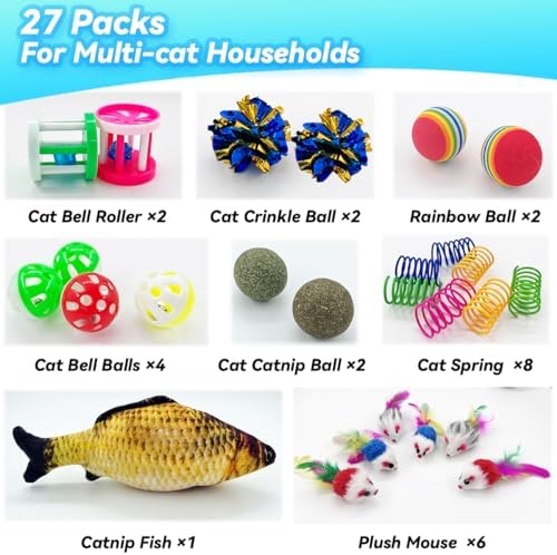 Cat Toys 27 Packs Combo Set, Cat Catnip Fish and Ball Toy, Cat Bell Balls Crinkle Balls, Cat Spring Toys, Plush Mices Attract Cats to Swat, Bite, Hunt, Interactive Toys - Image 2