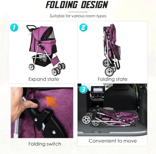 FDW 4 Wheels Pet Stroller Folding Dog Cat Jogger Stroller with Storage Basket &Cup Holder Portable Lightweight Travel Carrier, Purple - Image 3