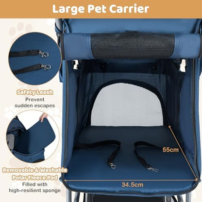 3 Wheels Dog Stroller, Foldable Pet Stroller for Small/Medium Dogs Cats, Cat Carrier with Storage Basket and Cup Holder, Pet Car Seat with Soft Pad (Navy Blue) - Image 4