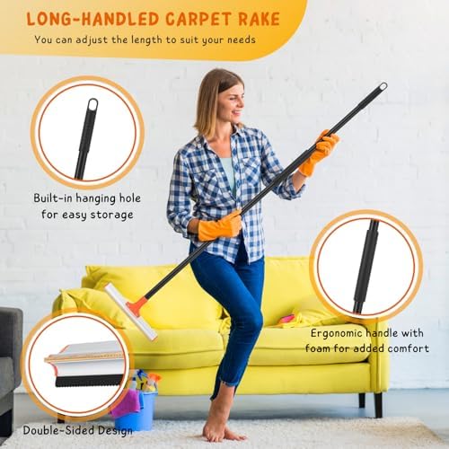 Carpet Rake for Pet Hair Removal, 57'' Long Handle Dog and Cat Hair Remover Tool to Fluff Rug, Stair Carpets and Couch Cleaning Rake - Image 2