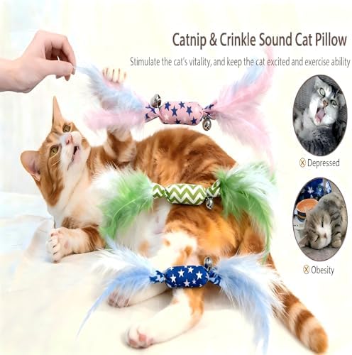 Catnip Toy Candy Shape with Bright Colors Feathers & Bell, Kicker Chew Toy for Indoor Cats, Enrichment Toys for Bored Kittens & Adult Cats, 3-Pack Crinkle Plush Toys for Teething and Play - Image 3