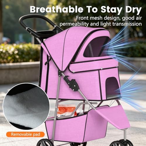 BestPet | 3-Wheel Pet Stroller | Pink | Foldable Dog and Cat Stroller - Image 6