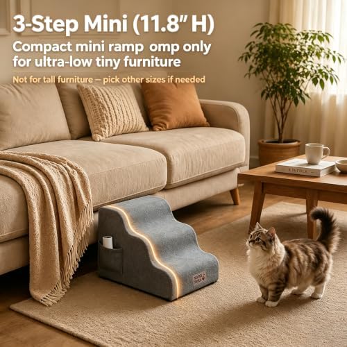 Mini 3-Step Dog Stairs for Small Dogs & Cats, 11.8" H Non-Slip Pet Steps with Side Storage Pocket, Sturdy High Density Foam Dog Ramp for Sofa, Couch & Chair, Washable Cover, Grey - Image 2