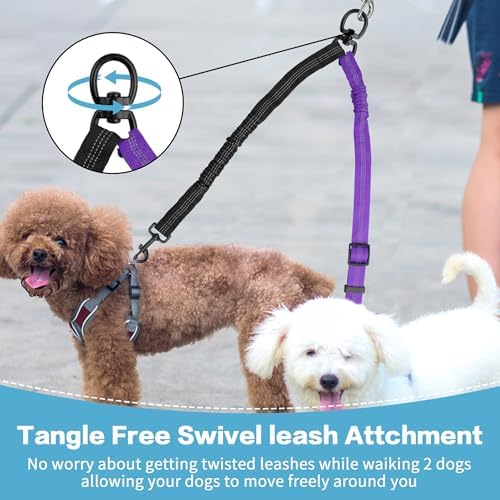 YAODHAOD Double Dog Leash,Two Dog Leash Splitter, No Tangle 360° Swivel Rotation Reflective Lead, Adjustable Length Bungee Heavy Duty Walking Training Dual Extension (Black + Purple) - Image 2