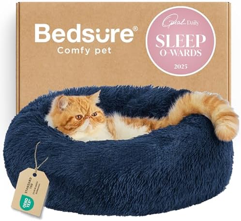 Bedsure Calming Cat Beds Donut Round Washable Kitten Bed,20 inches Navy by Unknown