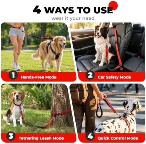 PETCARE 4 in 1 Hands Free Dog Leash with Car Seatbelt Buckle, Shock Absorbing Bungee Dog Waist Leash Belt for Running Walking Hiking, Dual Handles & Reflective, Adjustable for Small Medium Large Dogs - Image 3